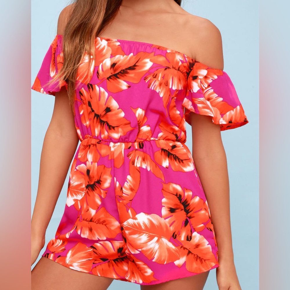 Like New | Fuchsia & Orange Leaf Print Off the Shoulder Romper | Size Small